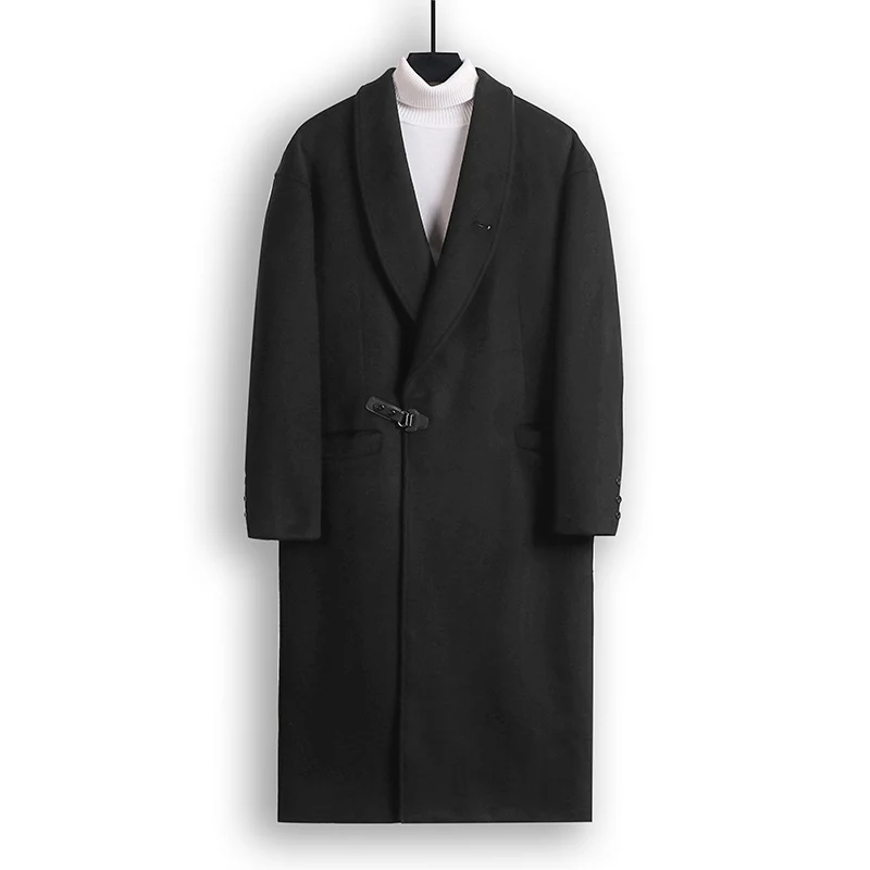 Herren Bodenlanger Wollmix-Mantel mit weitem Schalkragen und dekorativem Knebelverschluss Nord Taschen