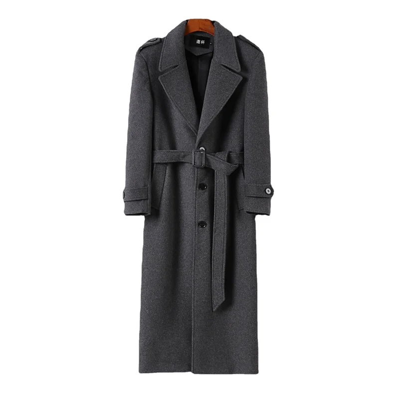 Herren Bodenlanger Einreihiger Wollmix-Mantel mit markantem Revers und Schulterriegel Nord Taschen