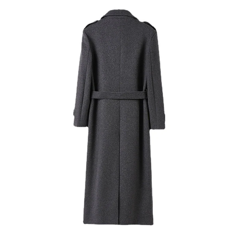 Herren Bodenlanger Einreihiger Wollmix-Mantel mit markantem Revers und Schulterriegel Nord Taschen