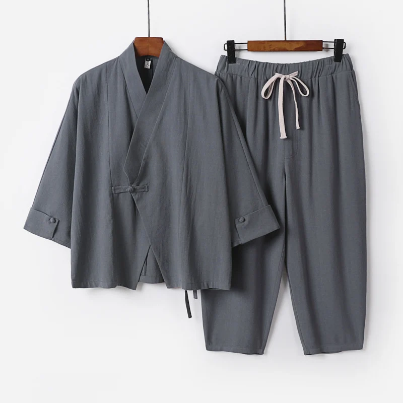 Herren Atmungsaktives Leinen-Baumwoll Lounge-Set mit asymmetrischem V-Kragen und elastischer Kordelhose Nord Taschen