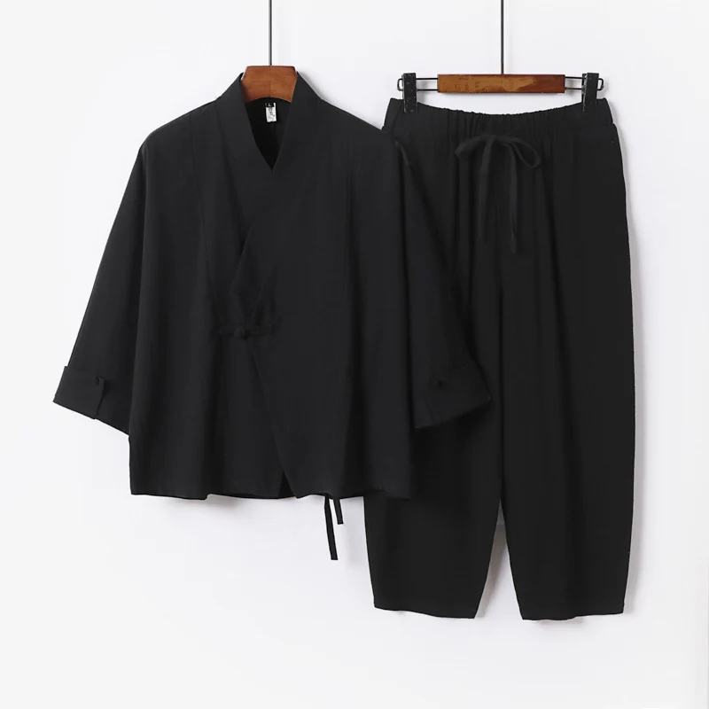 Herren Atmungsaktives Leinen-Baumwoll Lounge-Set mit asymmetrischem V-Kragen und elastischer Kordelhose Nord Taschen