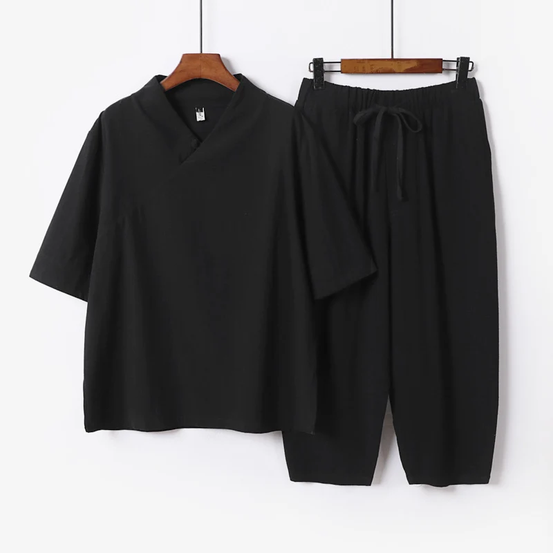 Herren Atmungsaktives Leinen-Baumwoll Lounge-Set mit asymmetrischem V-Kragen und elastischer Kordelhose Nord Taschen
