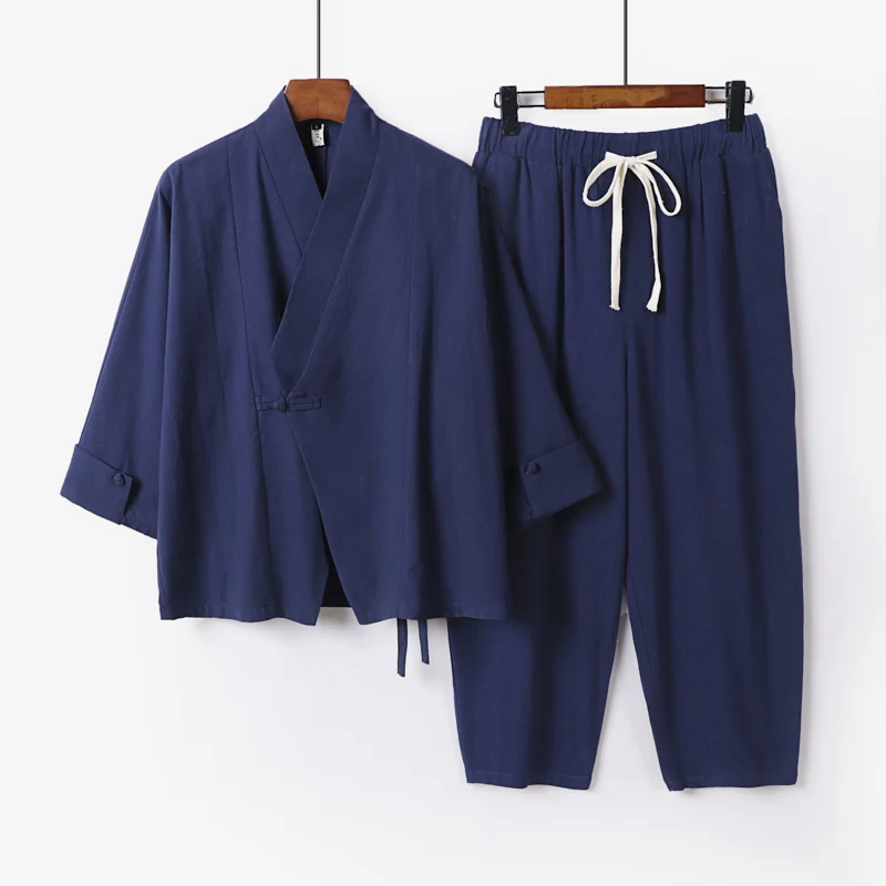 Herren Atmungsaktives Leinen-Baumwoll Lounge-Set mit asymmetrischem V-Kragen und elastischer Kordelhose Nord Taschen
