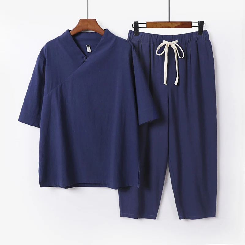 Herren Atmungsaktives Leinen-Baumwoll Lounge-Set mit asymmetrischem V-Kragen und elastischer Kordelhose Nord Taschen