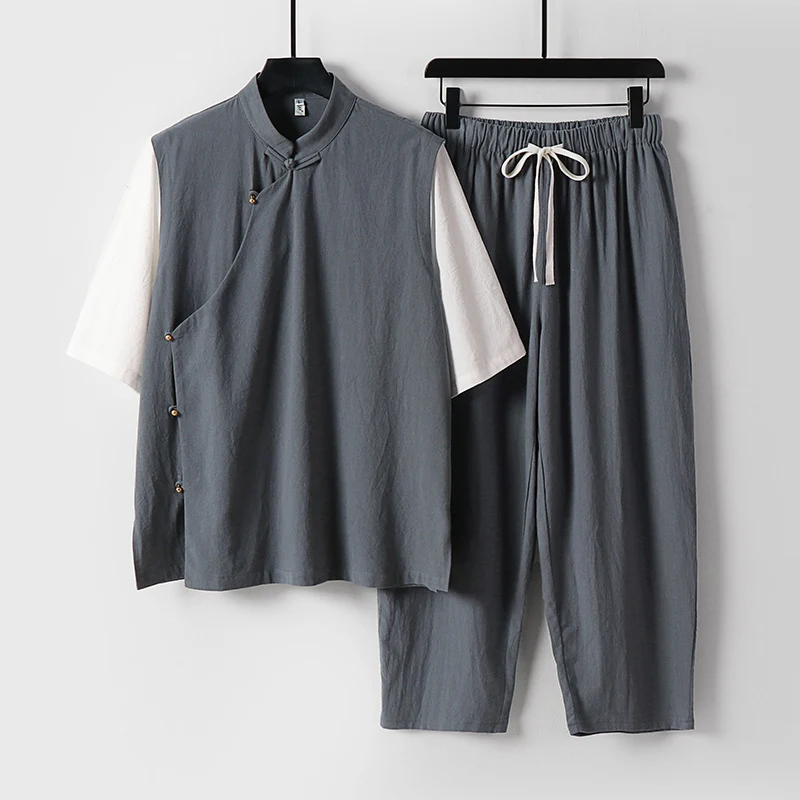 Herren Asymmetrisches Kimono-Loungewear-Set mit Stehkragen und Kordelhose Nord Taschen