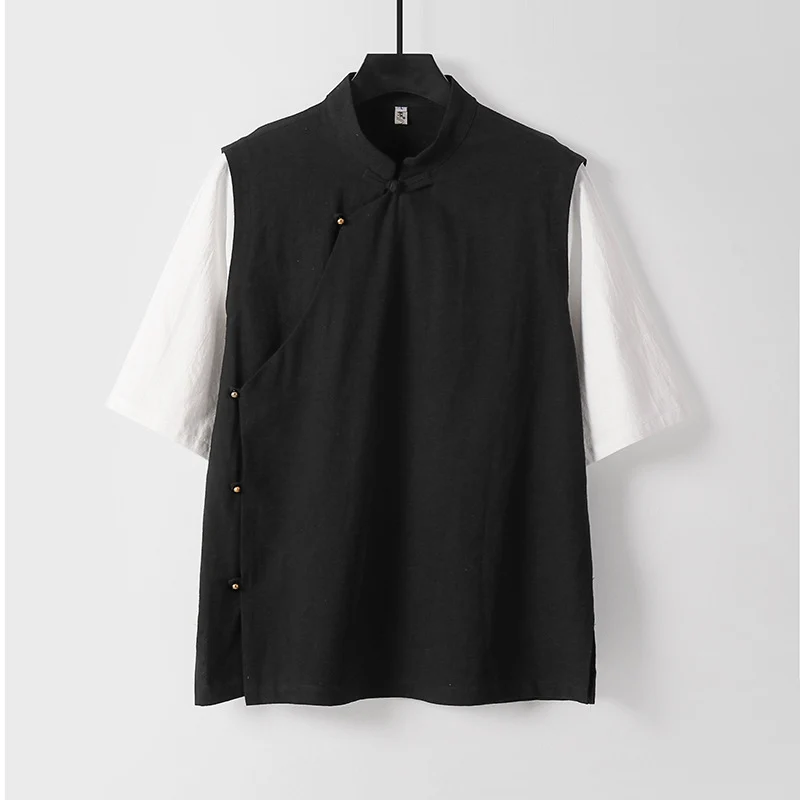 Herren Asymmetrische Leinenweste mit Stehkragen und seitlicher Knopfleiste Nord Taschen