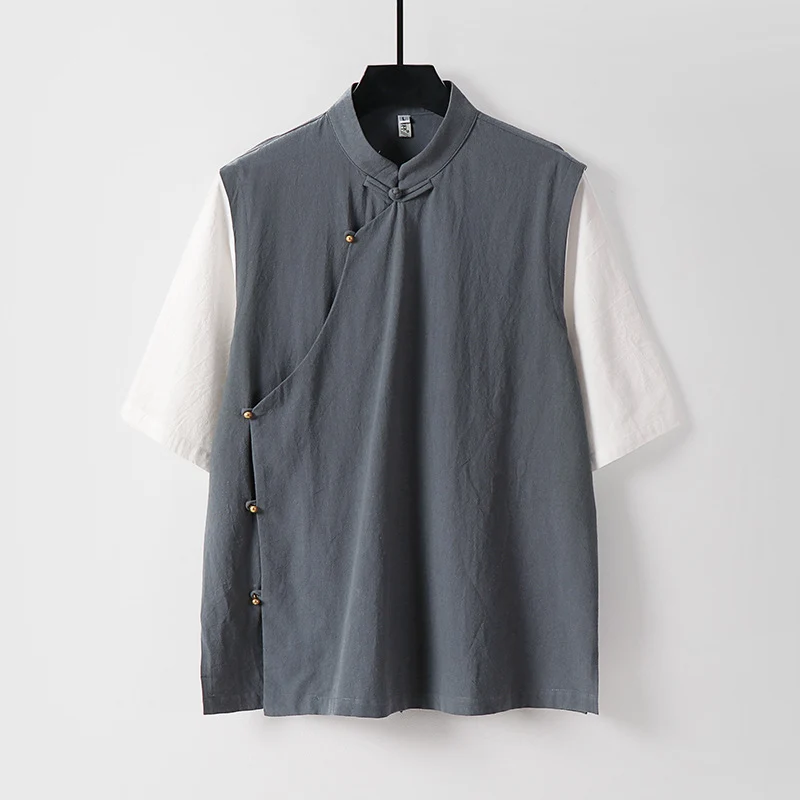 Herren Asymmetrische Leinenweste mit Stehkragen und seitlicher Knopfleiste Nord Taschen