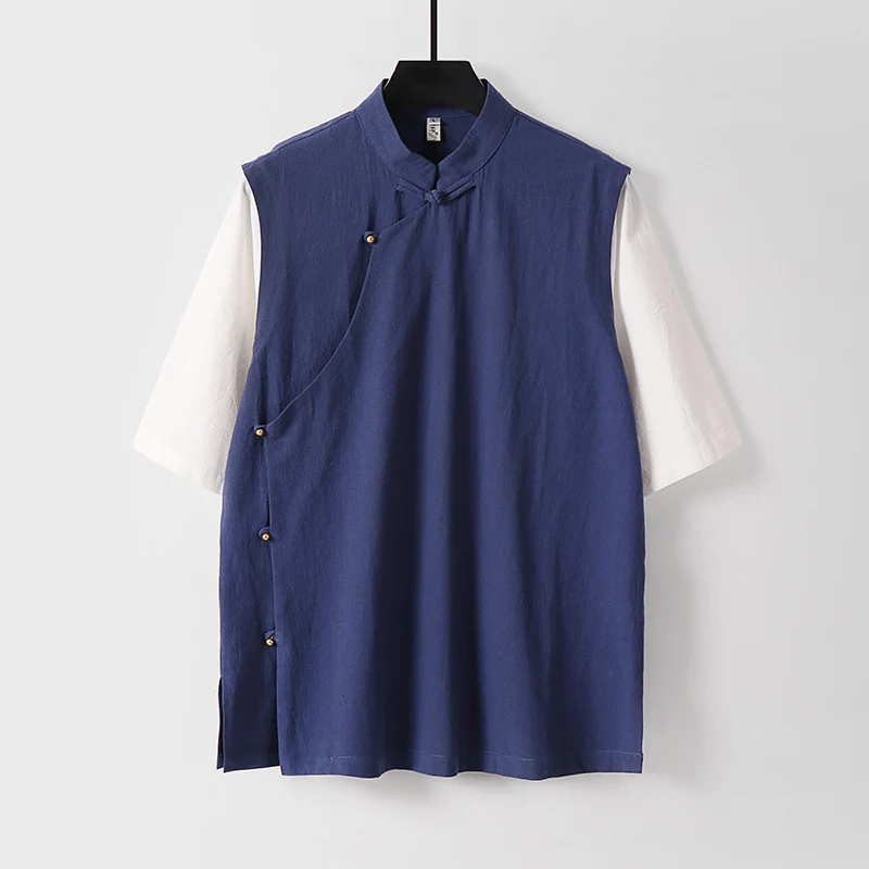 Herren Asymmetrische Leinenweste mit Stehkragen und seitlicher Knopfleiste Nord Taschen