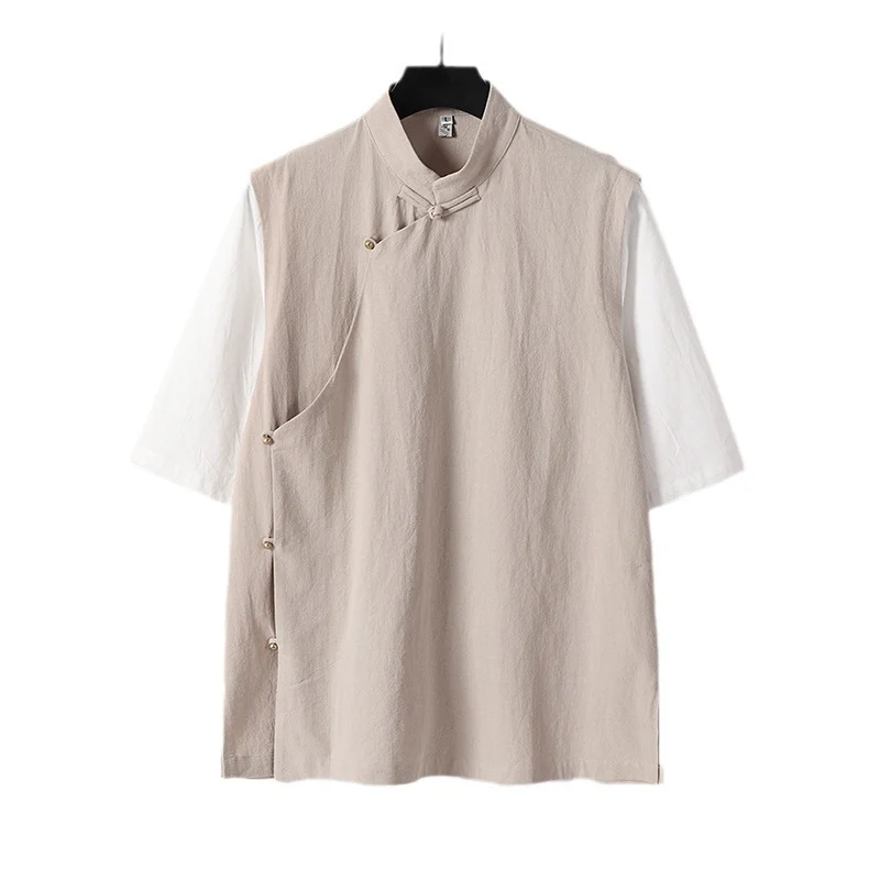 Herren Asymmetrische Leinenweste mit Stehkragen und seitlicher Knopfleiste Nord Taschen
