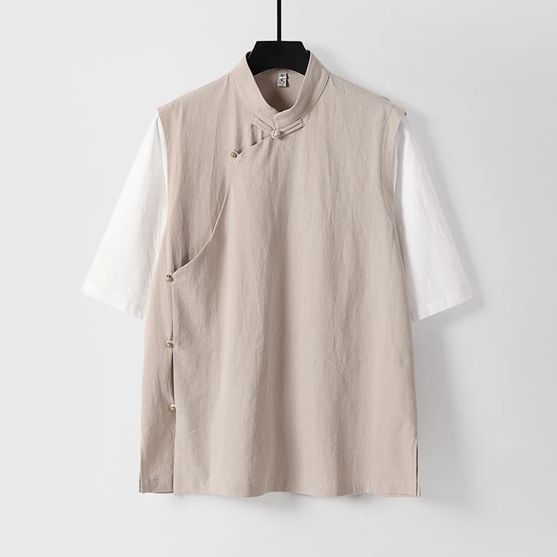 Herren Asymmetrische Leinenweste mit Stehkragen und seitlicher Knopfleiste Nord Taschen