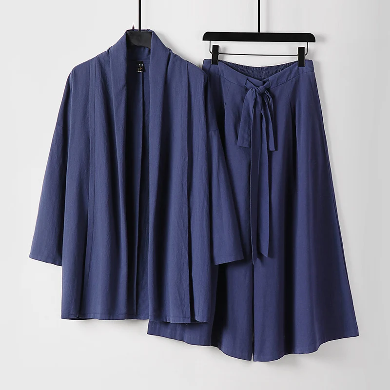 Damen Zweiteiliges Lounge-Set im Kimono-Stil mit offenem Schalkragen und weitem Palazzo-Hosenrock Nord Taschen