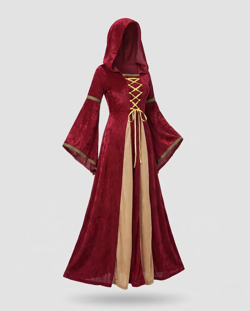 Damen märchenhaftes Kostümkleid mit Kapuze und weiten Ärmeln Nord Taschen