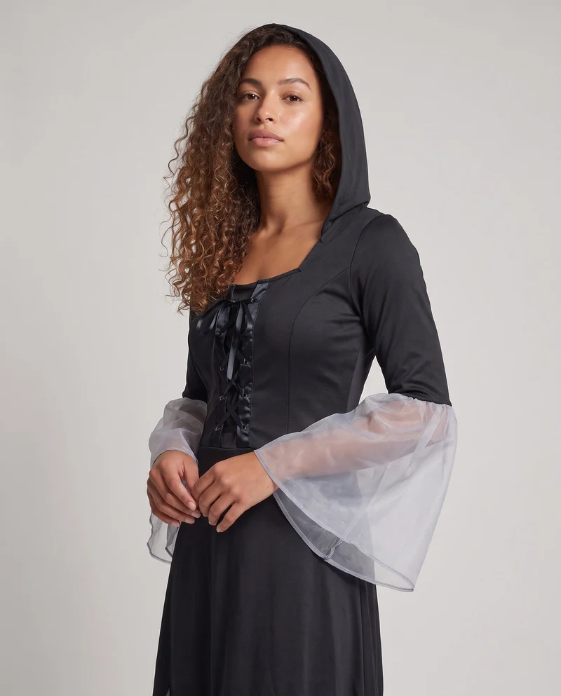 Damen Gruselige Hexenrobe mit transparenten Ärmeln und detailliertem Kapuzen-Design Nord Taschen