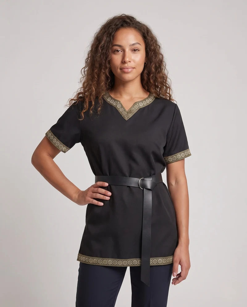 Damen Elegantes Tunika-Kleid mit dekorativem Saum und Gürtel Nord Taschen