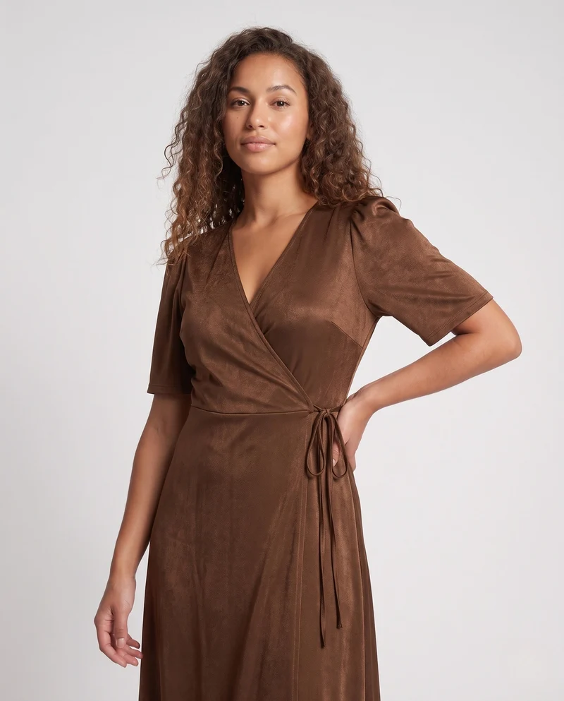 Damen Elegantes Wickelkleid mit Puffärmeln und fließendem Saum Nord Taschen