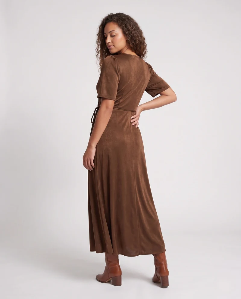 Damen Elegantes Wickelkleid mit Puffärmeln und fließendem Saum Nord Taschen