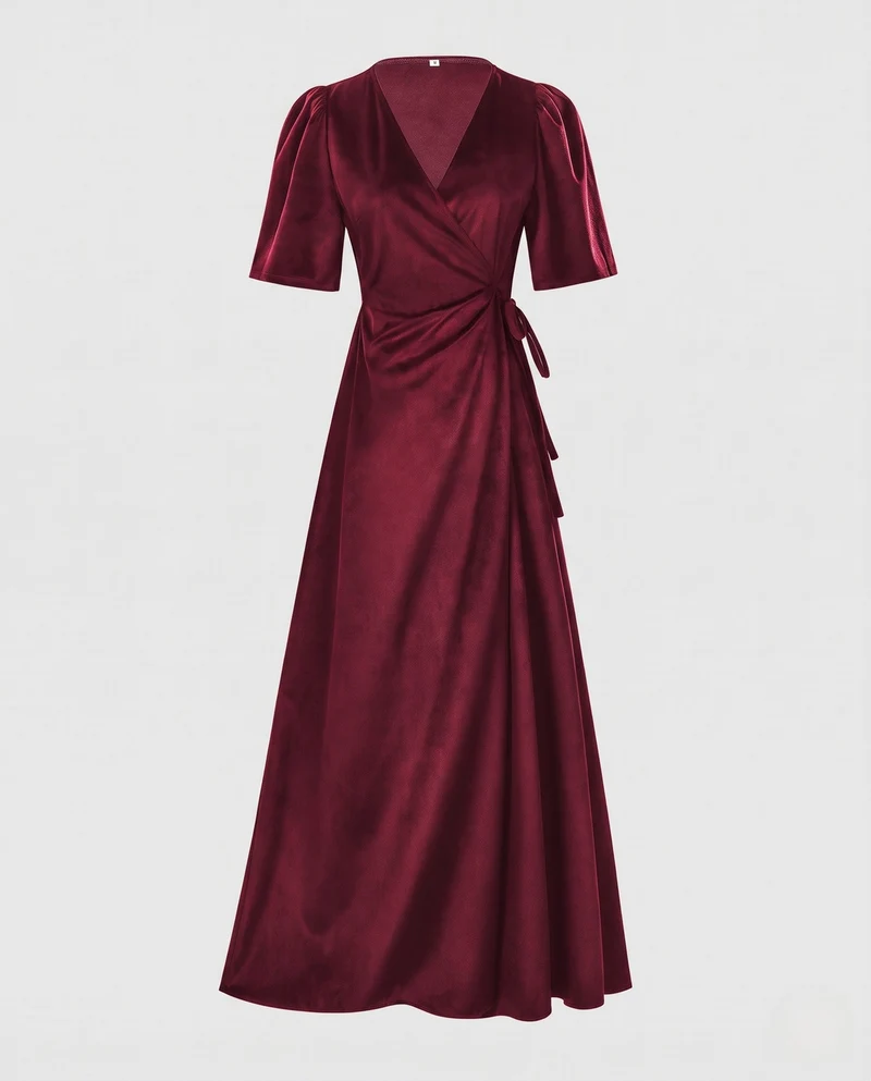 Damen Elegantes Wickelkleid mit Puffärmeln und fließendem Saum Nord Taschen