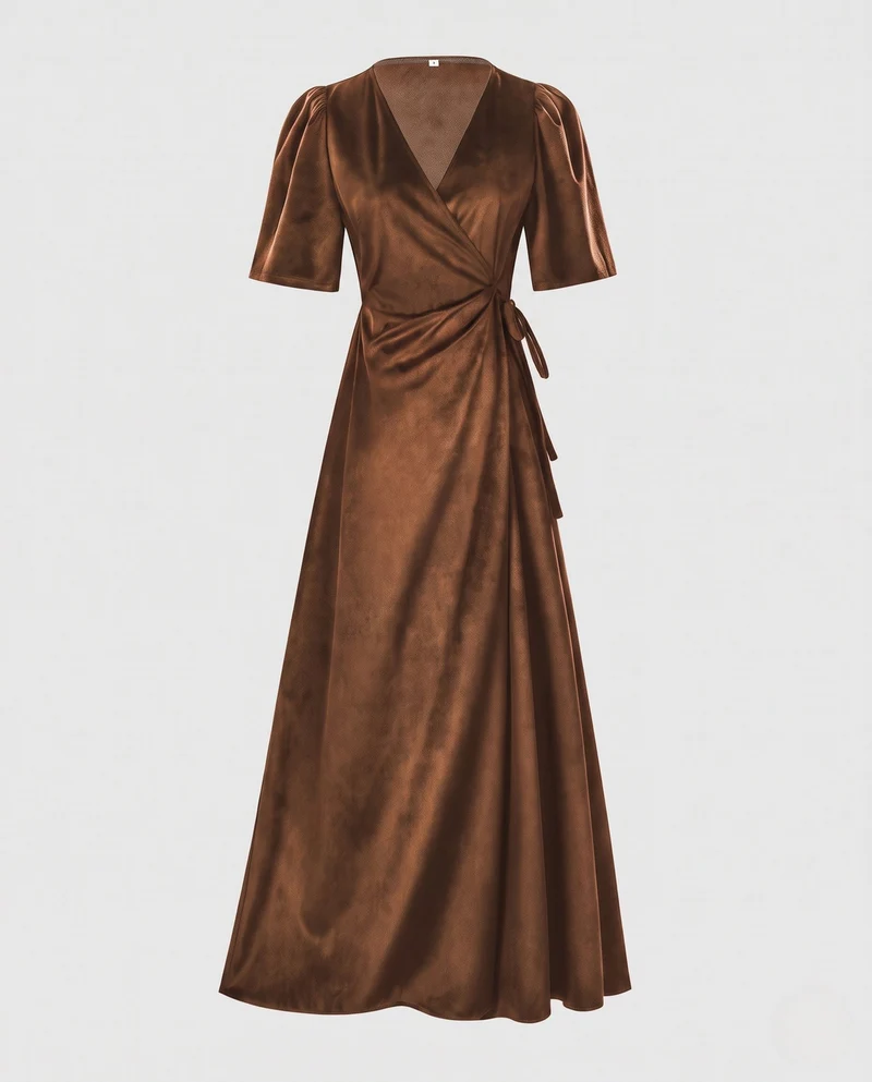 Damen Elegantes Wickelkleid mit Puffärmeln und fließendem Saum Nord Taschen
