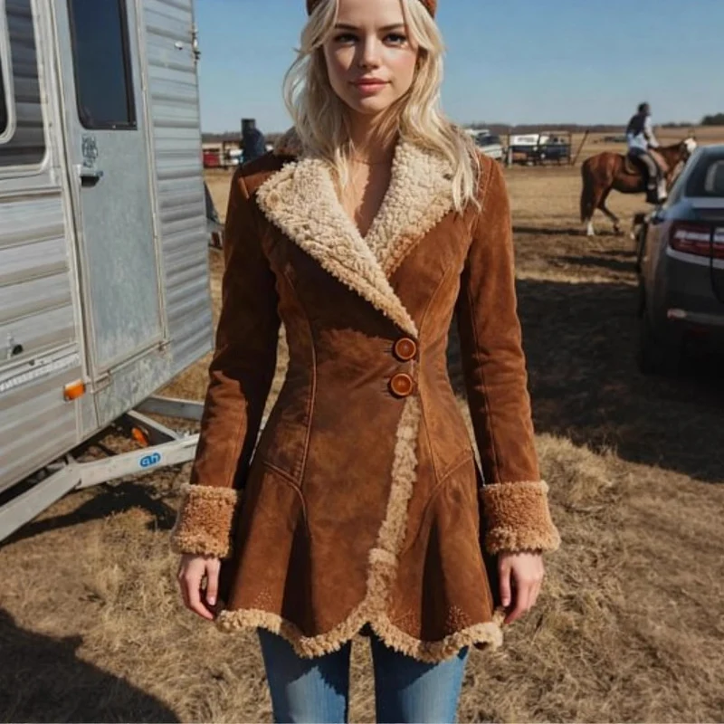 Damen Taillierter Wildleder‑Imitat‑Mantel mit Teddyfutter und ausgestelltem Saum Nord Taschen