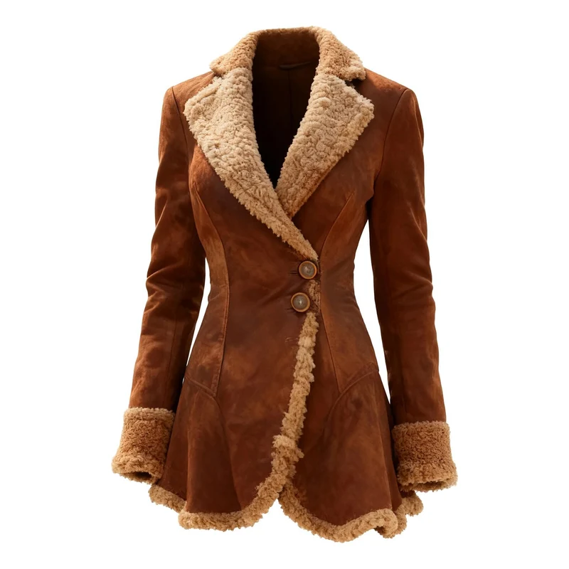 Damen Taillierter Wildleder‑Imitat‑Mantel mit Teddyfutter und ausgestelltem Saum Nord Taschen