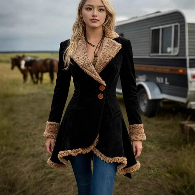 Damen Taillierter Wildleder‑Imitat‑Mantel mit Teddyfutter und ausgestelltem Saum Nord Taschen
