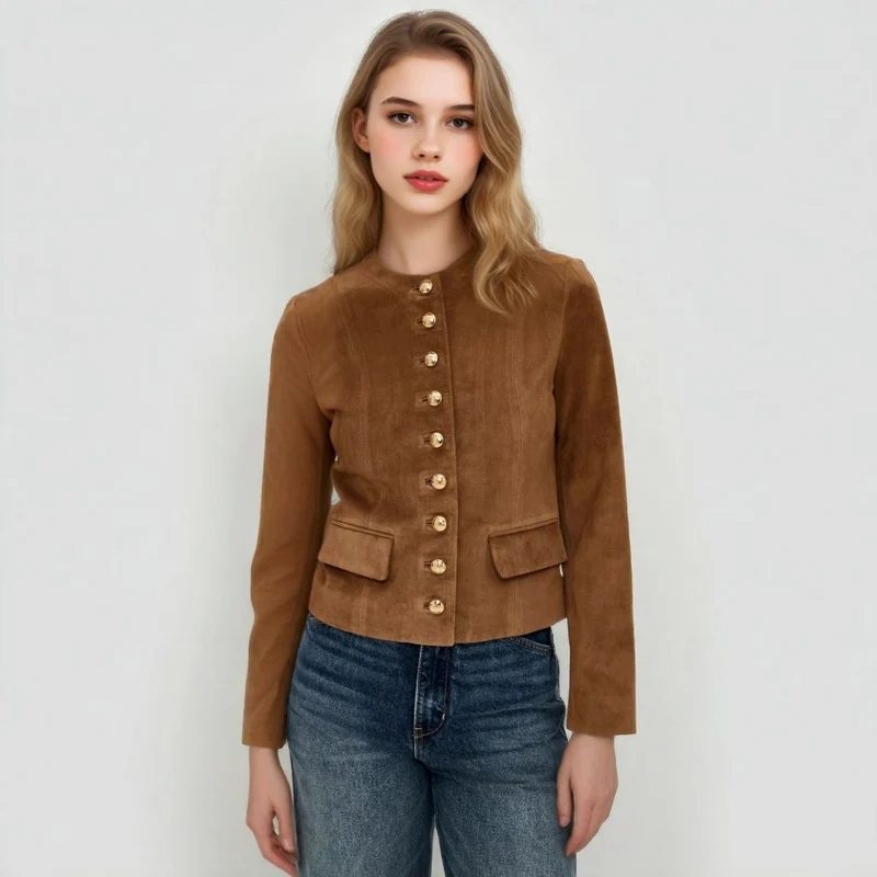 Damen Taillierte Wildlederoptik‑Jacke mit Stehkragen und Zierknopfleiste Nord Taschen