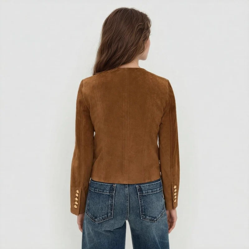 Damen Taillierte Wildlederoptik‑Jacke mit Stehkragen und Zierknopfleiste Nord Taschen