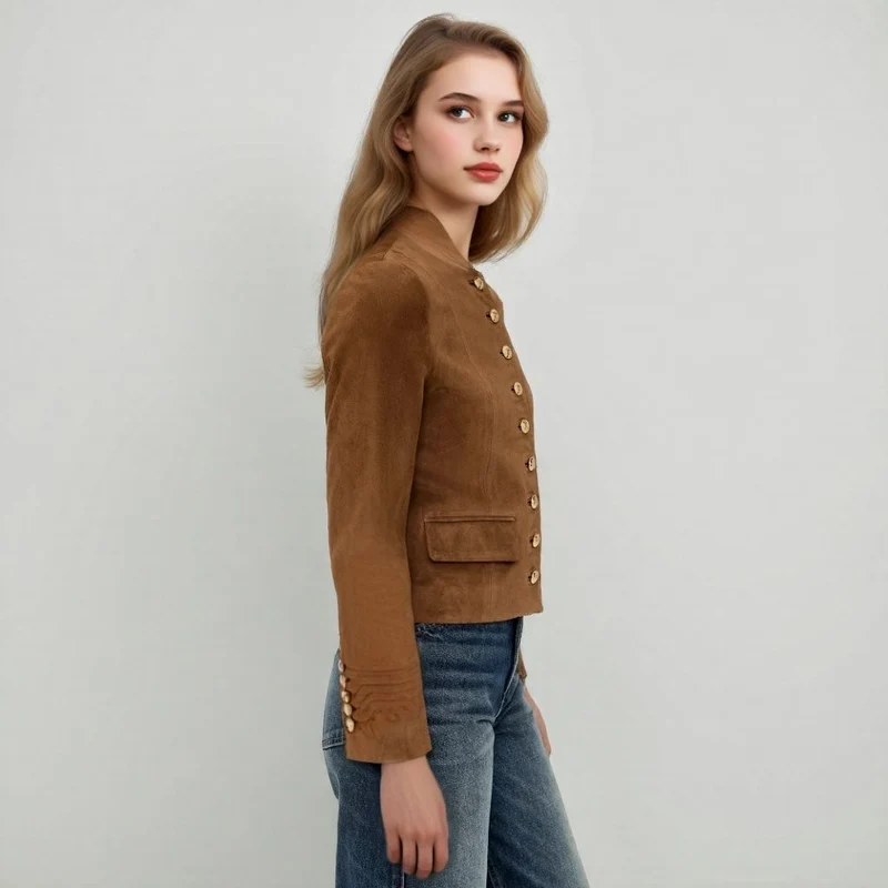 Damen Taillierte Wildlederoptik‑Jacke mit Stehkragen und Zierknopfleiste Nord Taschen