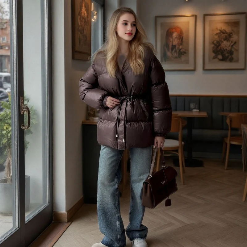 Damen Taillierte Steppjacke in Daunenoptik mit Tunnelzug und Kapuze Nord Taschen