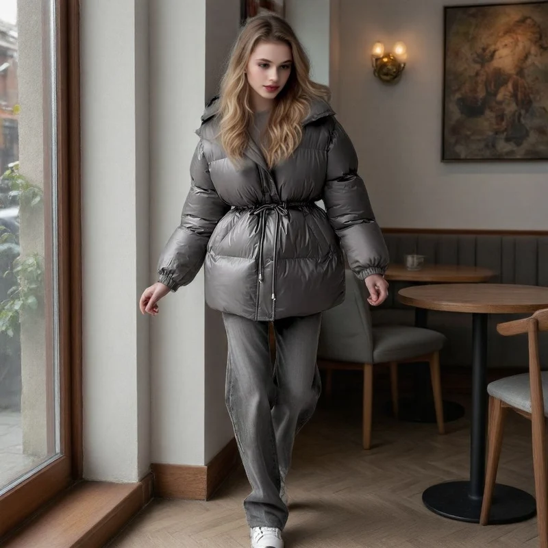 Damen Taillierte Steppjacke in Daunenoptik mit Tunnelzug und Kapuze Nord Taschen