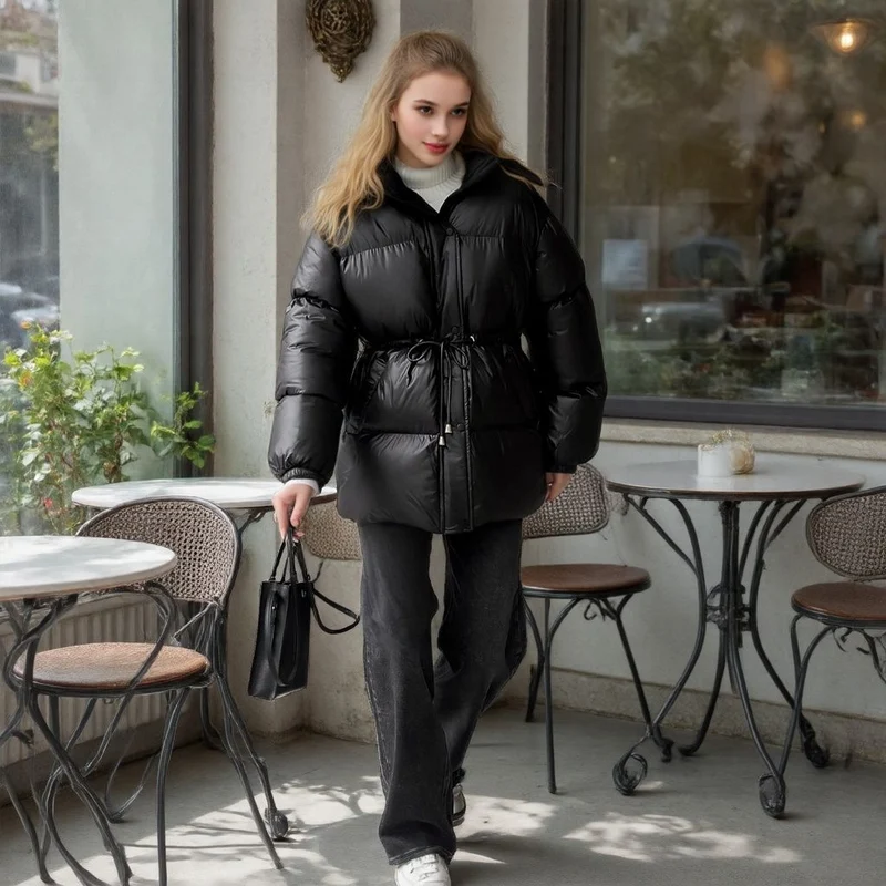 Damen Taillierte Steppjacke in Daunenoptik mit Tunnelzug und Kapuze Nord Taschen