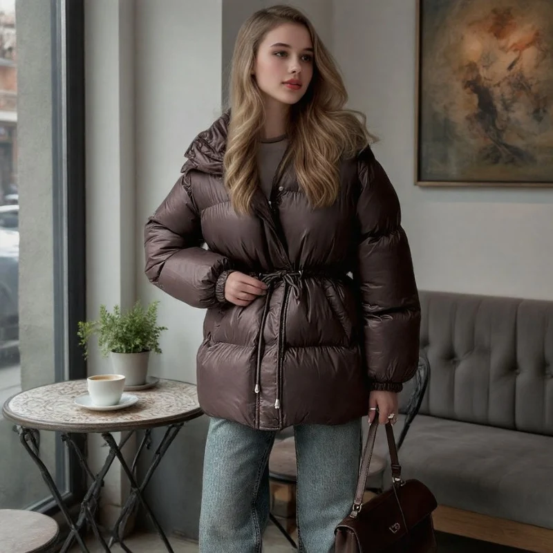 Damen Taillierte Steppjacke in Daunenoptik mit Tunnelzug und Kapuze Nord Taschen