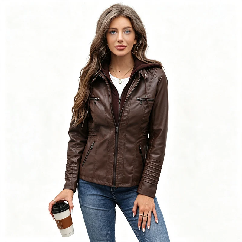 Damen Taillierte Kunstlederjacke mit abnehmbarer Kapuze und Reißverschluss Nord Taschen