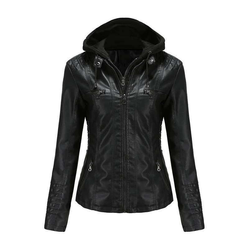 Damen Taillierte Kunstlederjacke mit abnehmbarer Kapuze und Reißverschluss Nord Taschen
