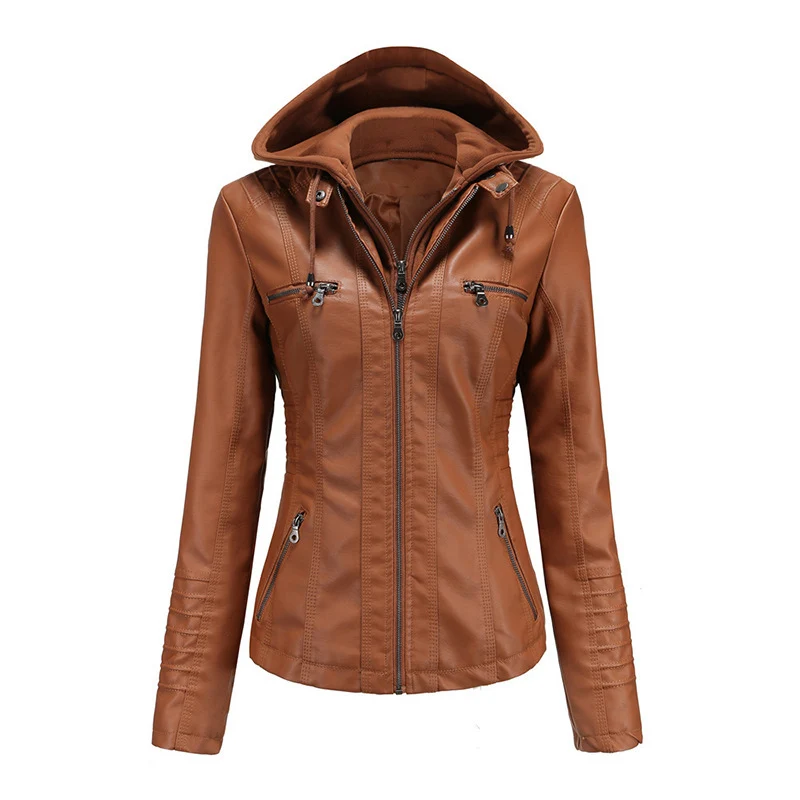 Damen Taillierte Kunstlederjacke mit abnehmbarer Kapuze und Reißverschluss Nord Taschen