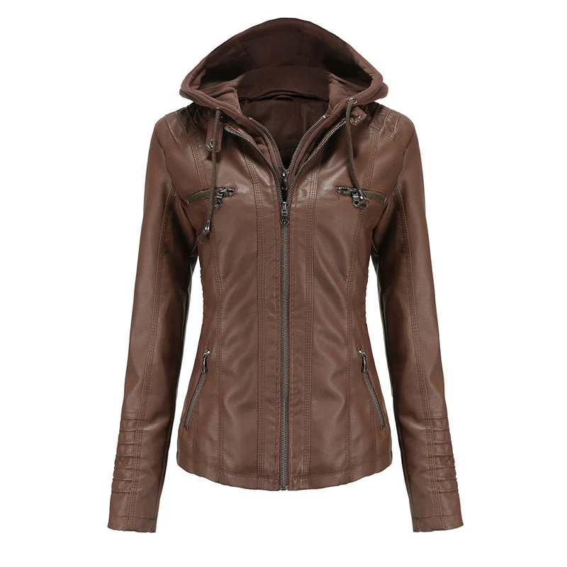 Damen Taillierte Kunstlederjacke mit abnehmbarer Kapuze und Reißverschluss Nord Taschen