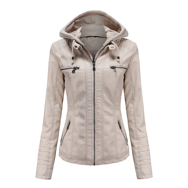 Damen Taillierte Kunstlederjacke mit abnehmbarer Kapuze und Reißverschluss Nord Taschen