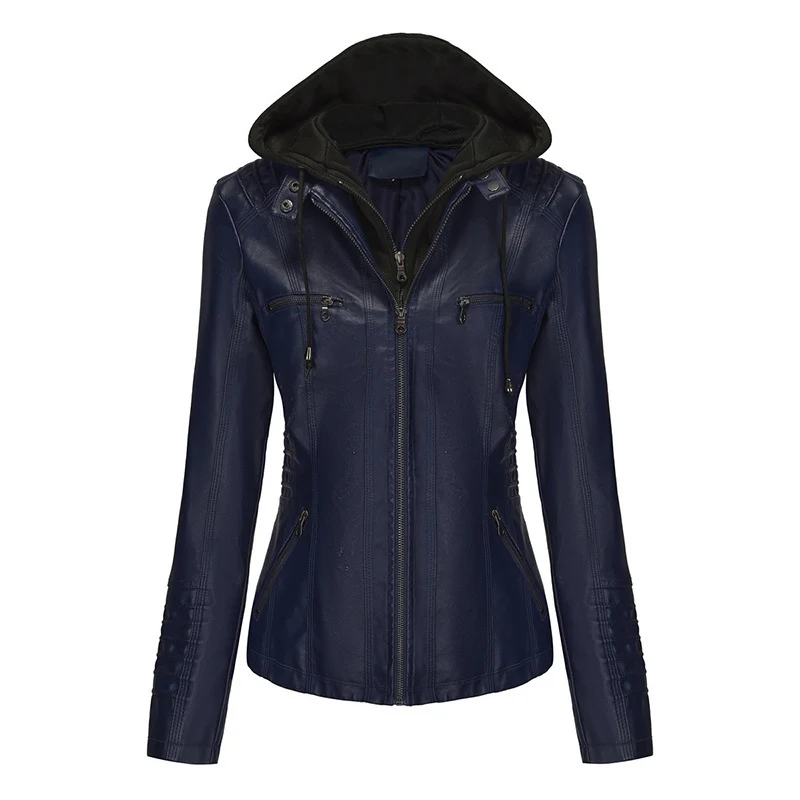 Damen Taillierte Kunstlederjacke mit abnehmbarer Kapuze und Reißverschluss Nord Taschen
