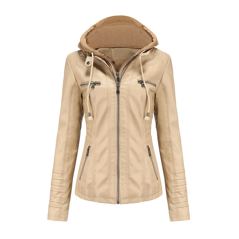 Damen Taillierte Kunstlederjacke mit abnehmbarer Kapuze und Reißverschluss Nord Taschen