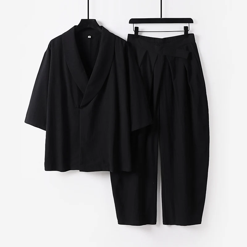 Damen Zweiteiliges Kimono-Loungewear-Set mit Schalkragen Kurzarm-Oberteil und hochtaillierter Plissee-Hose Nord Taschen