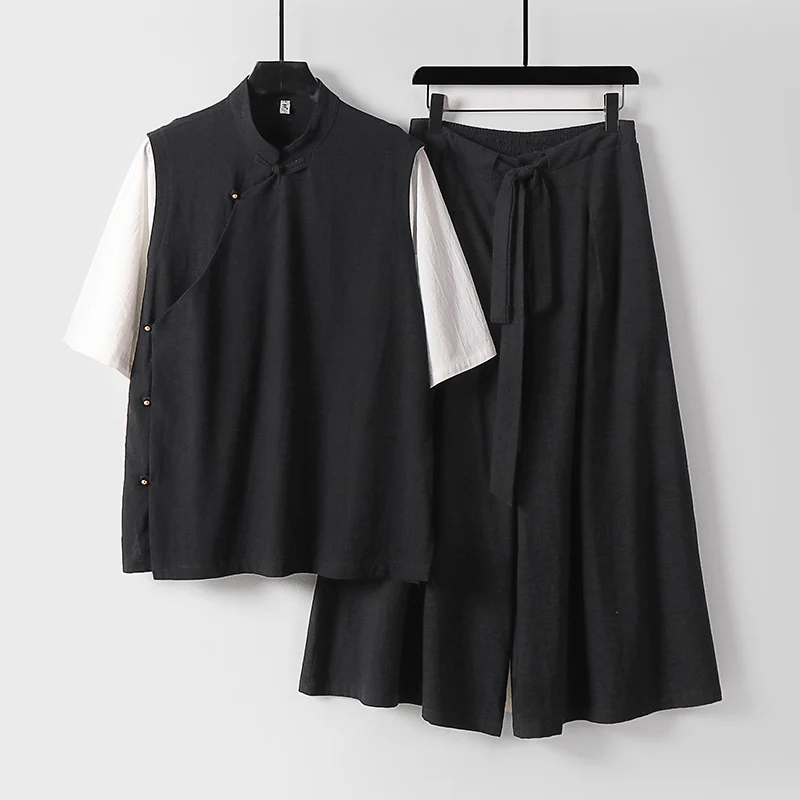 Damen Zweiteiliges Kimono-Loungewear-Set aus Leinenmischung mit Stehkragen asymmetrischer Knopfleiste und weitem Palazzo-Hosenrock Nord Taschen