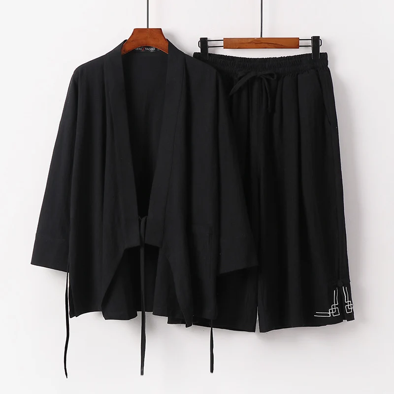 Damen Zen-Kimono-Lounge-Set aus atmungsaktivem Baumwollmix mit Bindebandjacke und weiten Culotte-Hose Nord Taschen
