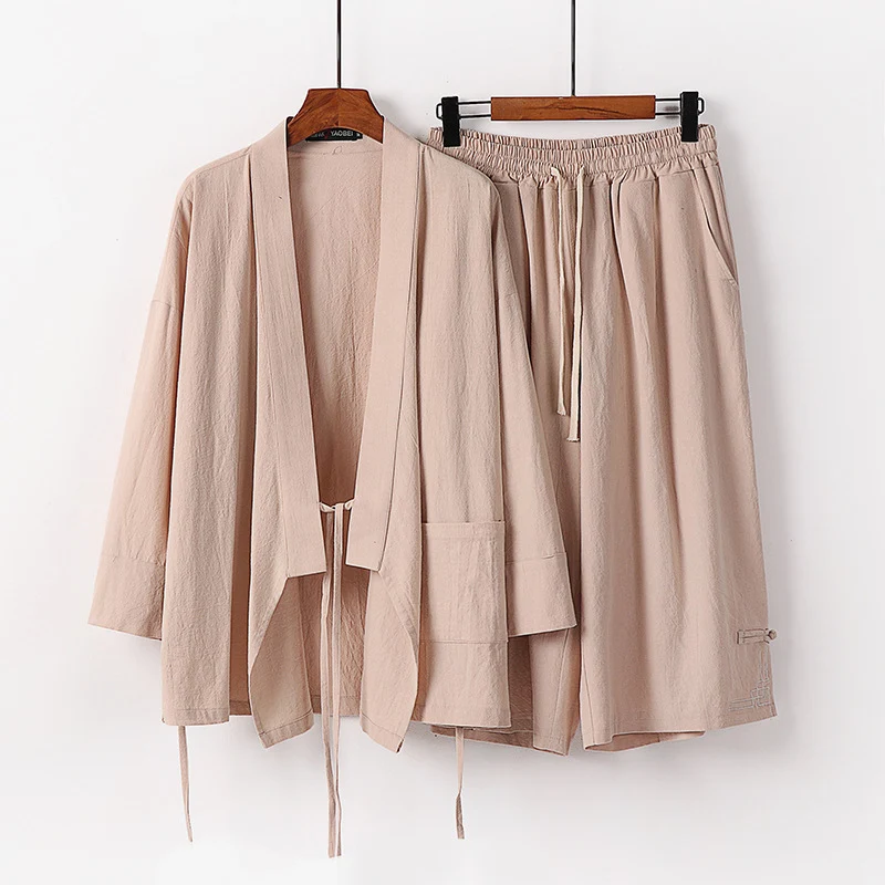 Damen Zen-Kimono-Lounge-Set aus atmungsaktivem Baumwollmix mit Bindebandjacke und weiten Culotte-Hose Nord Taschen