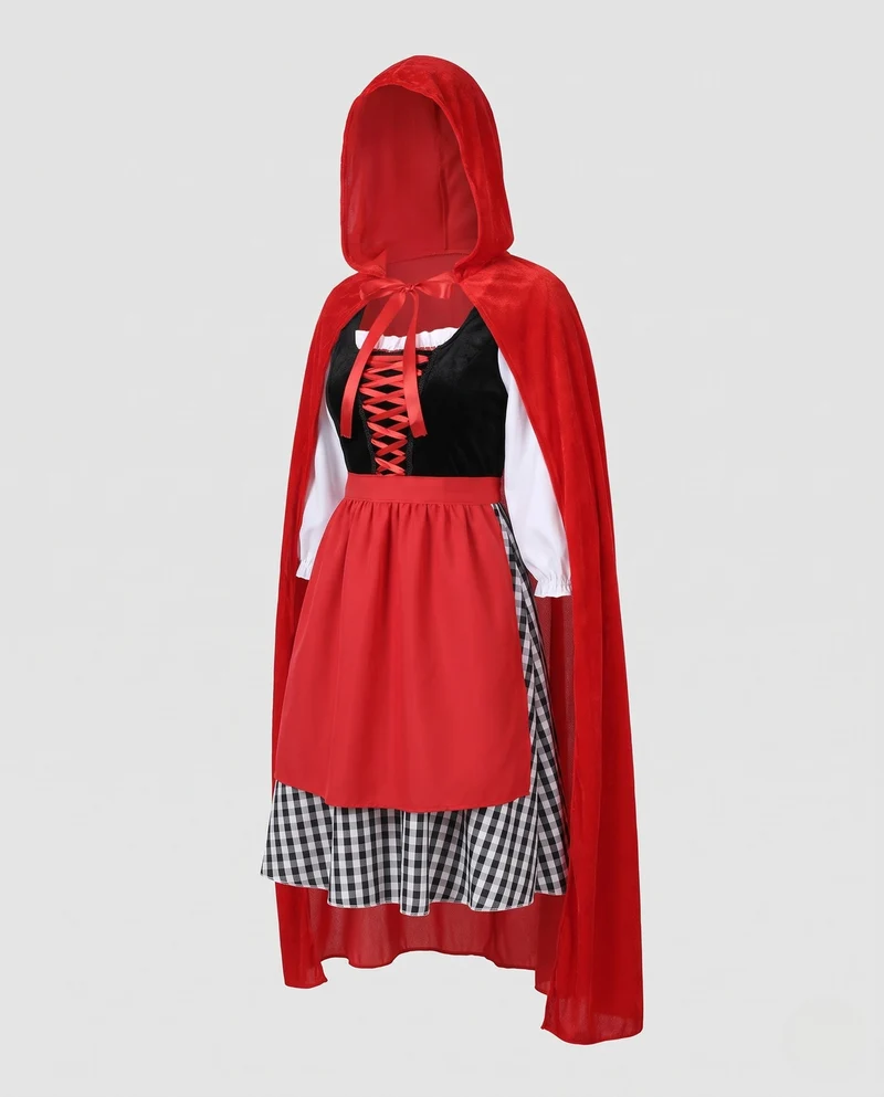 Damen Märchenhaftes Rotkäppchen-Kostüm mit Umhang und Karomuster Nord Taschen