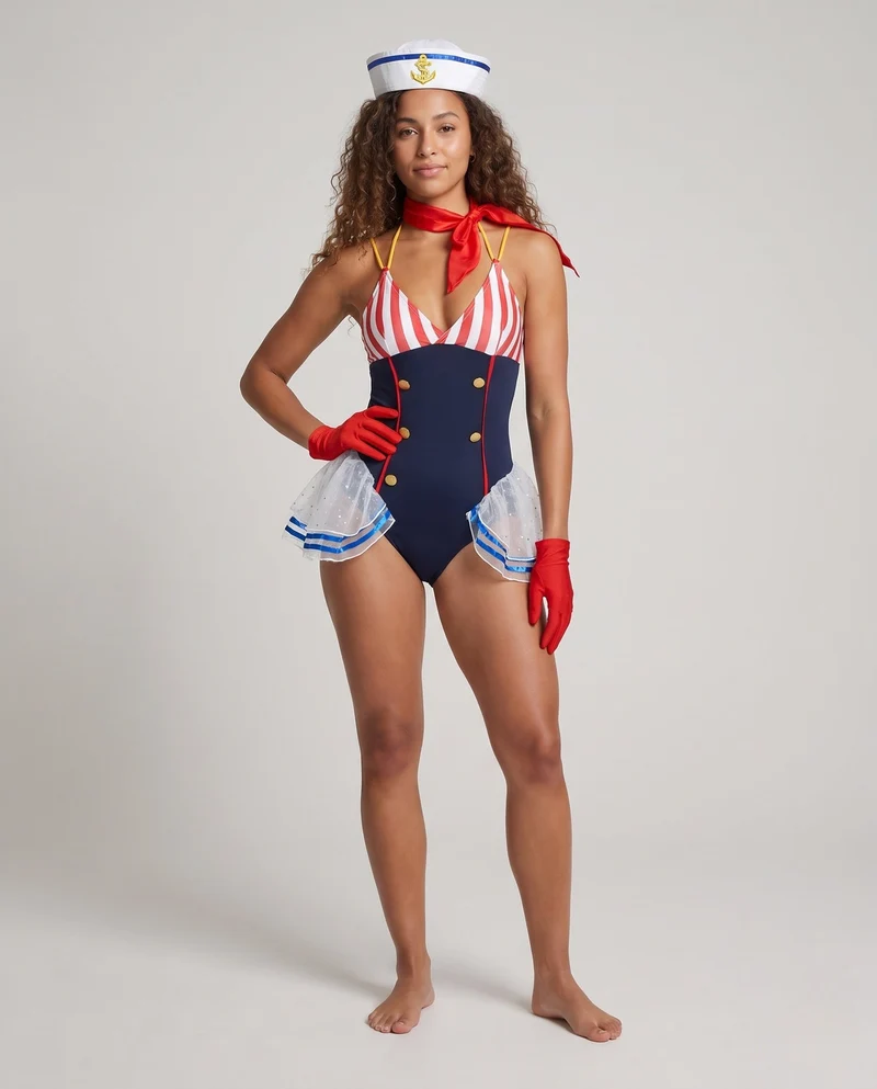 Damen Matrosen Badeanzug mit Rüschen und Accessoires Nord Taschen