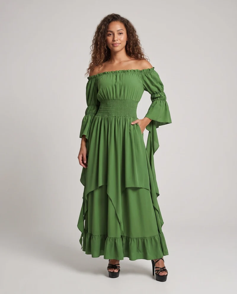 Damen Maxikleid mit schulterfreiem Design und langen, fließenden Ärmeln Nord Taschen