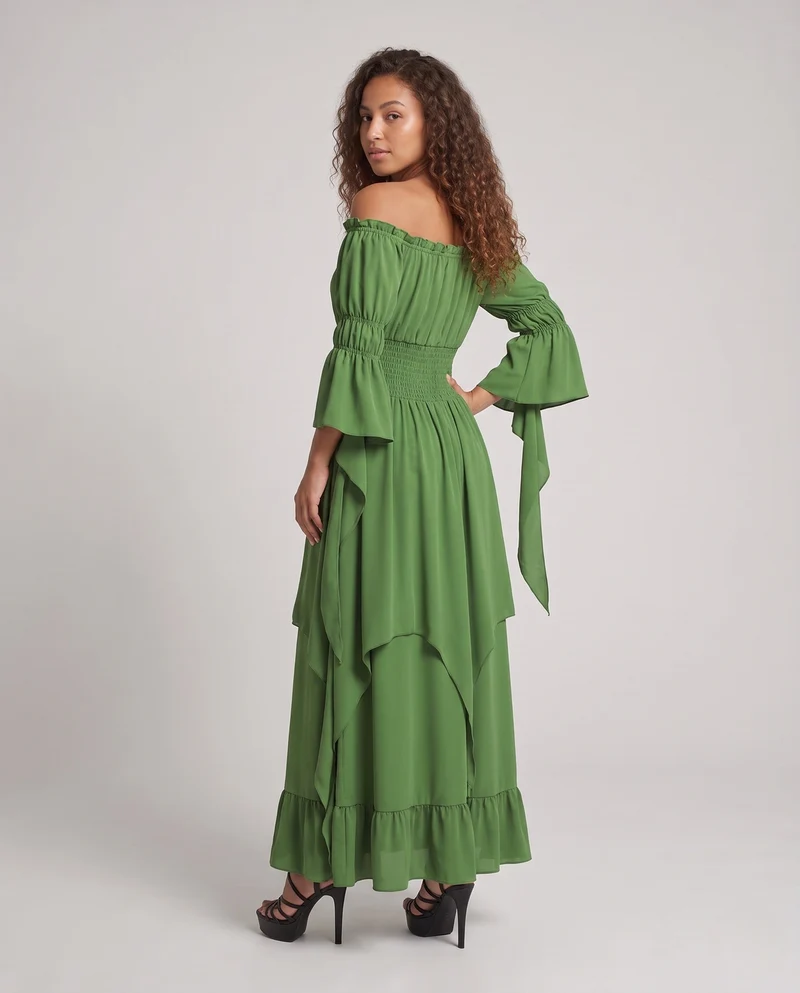 Damen Maxikleid mit schulterfreiem Design und langen, fließenden Ärmeln Nord Taschen