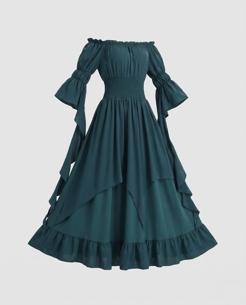 Damen Maxikleid mit schulterfreiem Design und langen, fließenden Ärmeln Nord Taschen