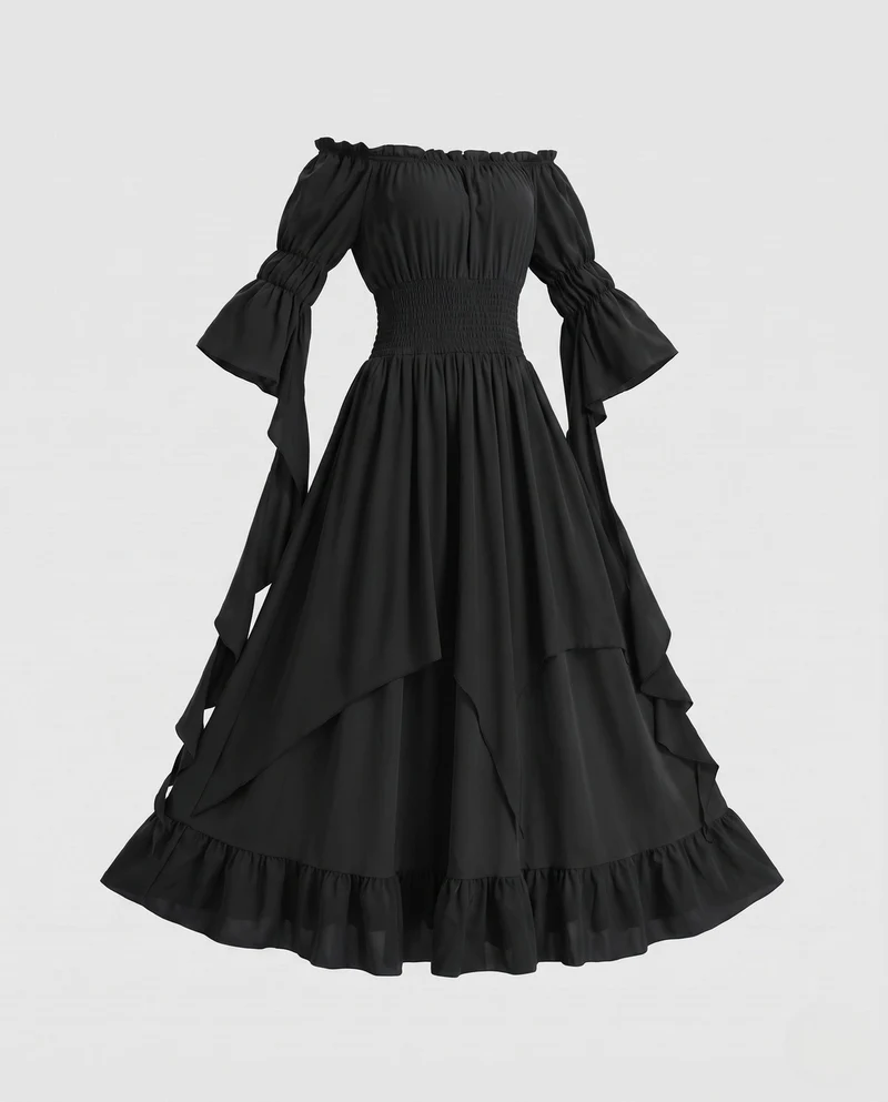 Damen Maxikleid mit schulterfreiem Design und langen, fließenden Ärmeln Nord Taschen