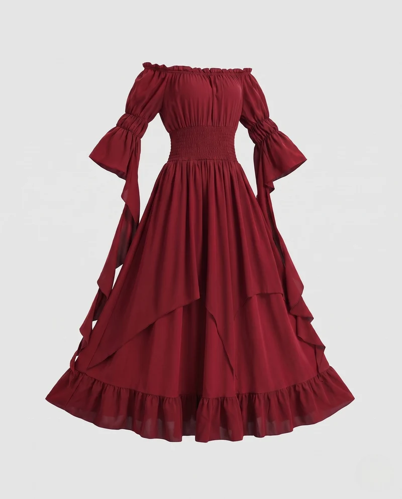 Damen Maxikleid mit schulterfreiem Design und langen, fließenden Ärmeln Nord Taschen